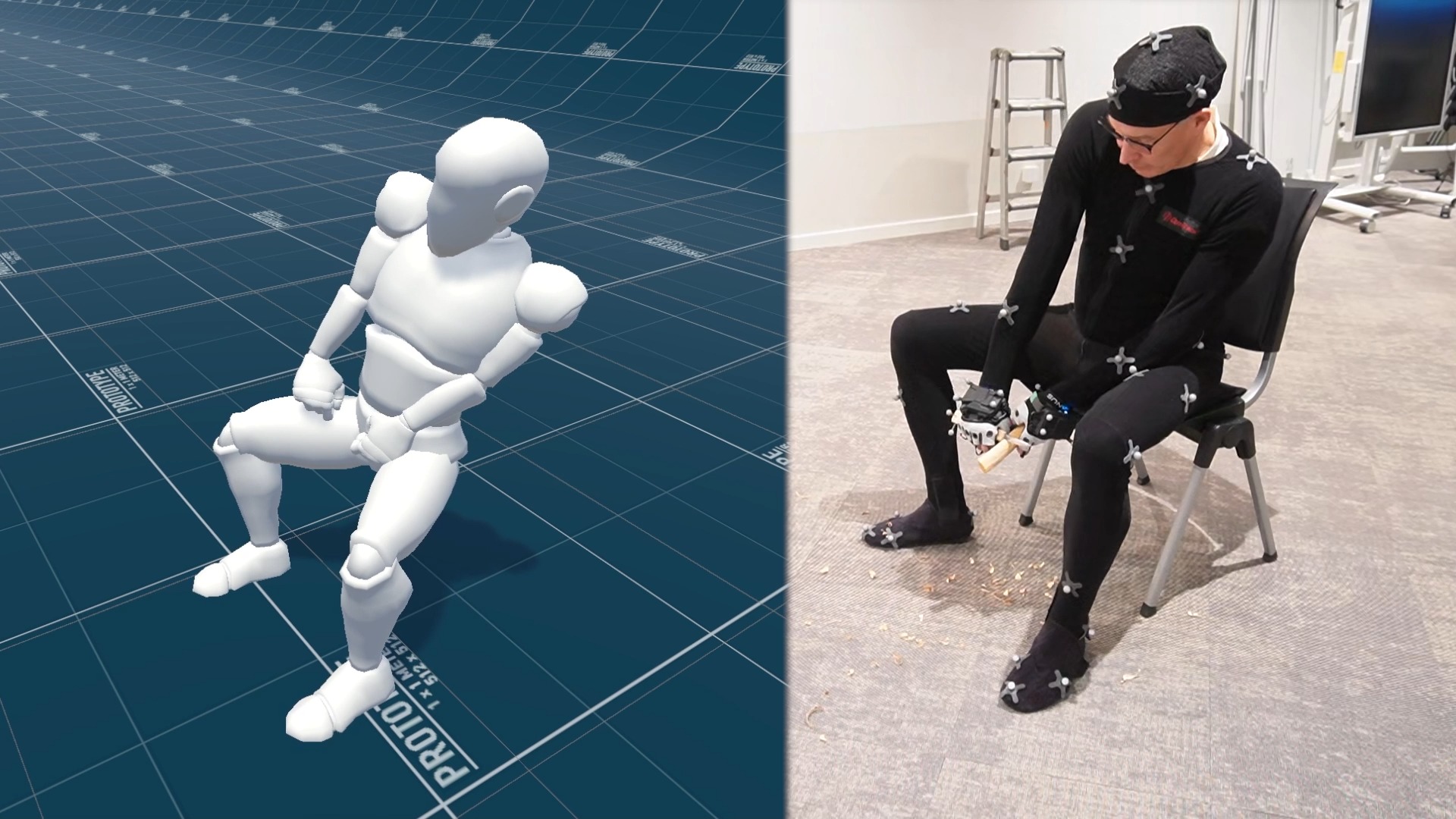 Motion capture still of a sawing motion